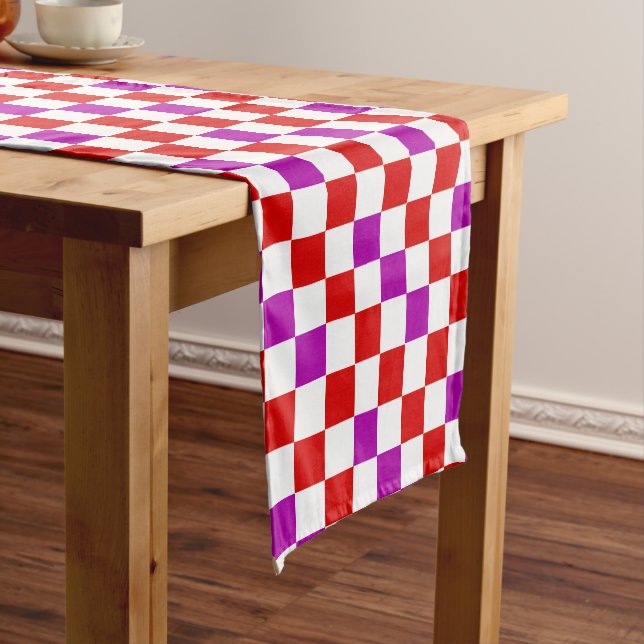 Red White Purple Chequered Pattern Design  Short Table Runner (In Situ)