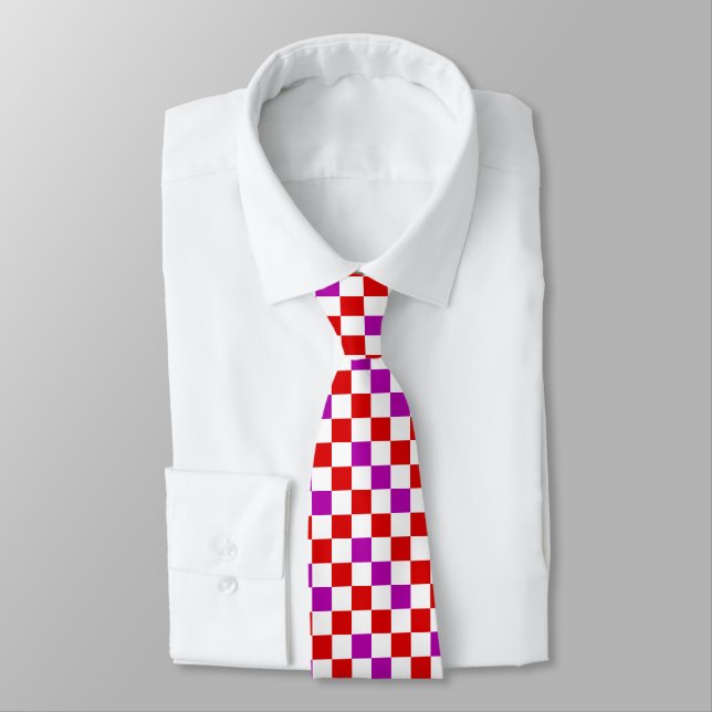 Red White Purple Chequered Pattern Design  Tie (Tied)