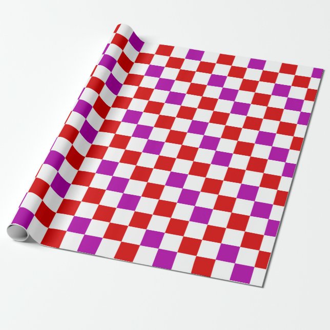 Red White Purple Chequered Pattern Design  Wrapping Paper (Unrolled)