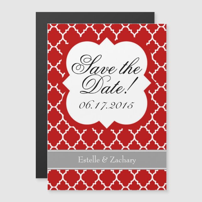 Red White Quatrefoil Save The Date Magnet (Front/Back)