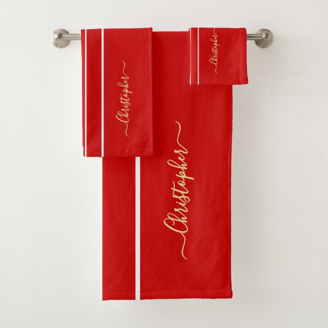 Red White Racing Stripes Faux Gold Monogrammed Bath Towel Set (Insitu)