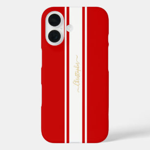 Red White Racing Stripes Gold Monogrammed Stylish iPhone 16 Case