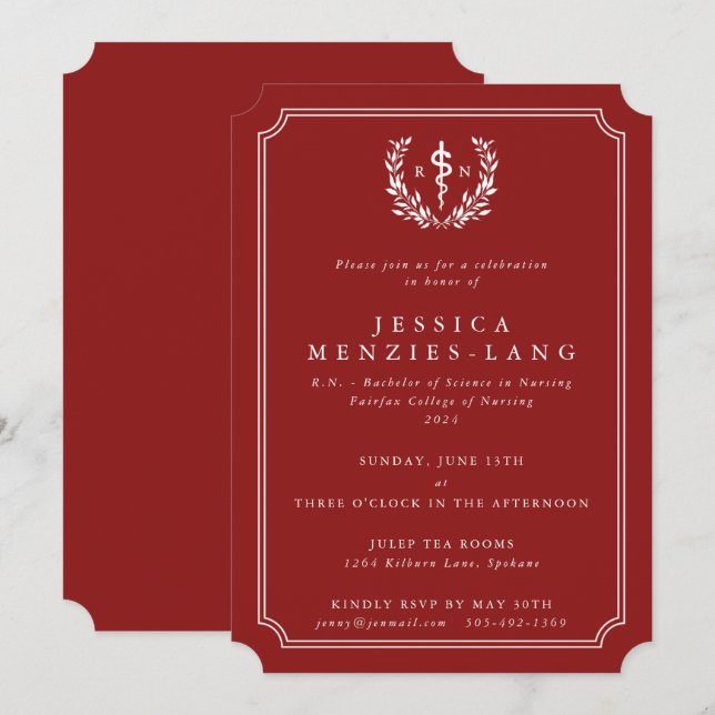 Red/White Registered Nurse Asclepius Graduation Invitation (Front/Back)