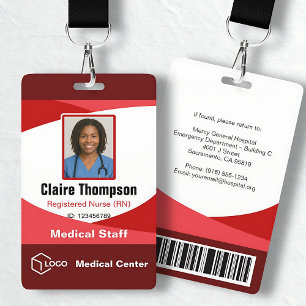 Red White Registered Nurse RN Photo ID Badge