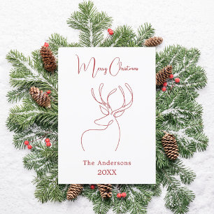 Red white reindeer doodle modern Christmas Holiday Card