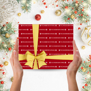 Red White Repeating Family Name Pattern Christmas Wrapping Paper Sheet