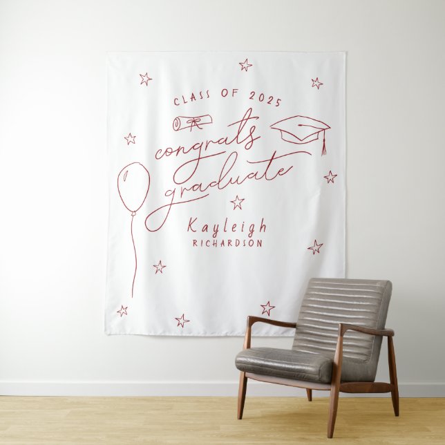 Red White Retro Graduation Photo Backdrop Tapestry (In Situ)