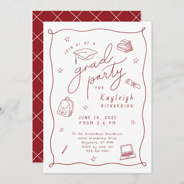 Red White Retro Hand Drawn Grad Party Invitation (Front/Back)