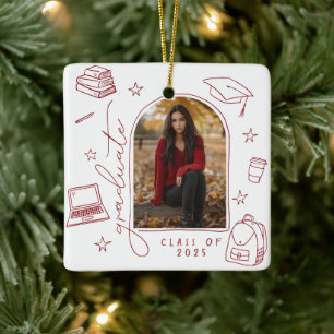 Red White Retro Hand Drawn Photo Graduation Ceramic Ornament