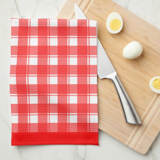 Red White Retro Plaid Checked Pattern Tea Towel (Quarter Fold)