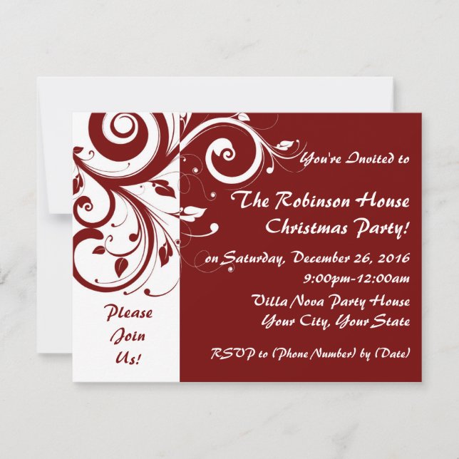 Red+White Reverse Swirl Holiday Party Invitations (Front)