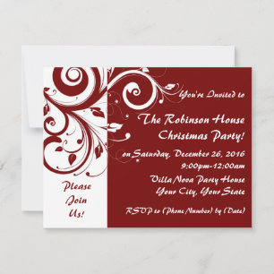 Red+White Reverse Swirl Holiday Party Invitations