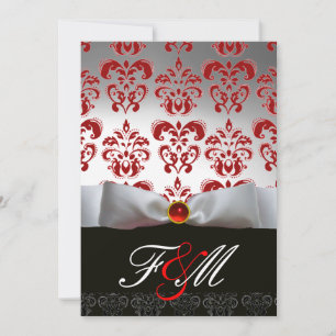 RED WHITE RIBBON & BLACK DAMASK MONOGRAM Ruby Invitation