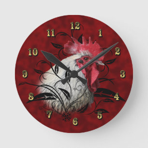 Red White Rooster Kitchen Wall Clock