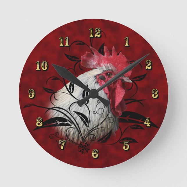 Red White Rooster Kitchen Wall Clock (Front)