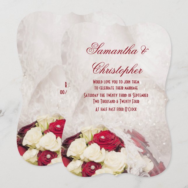 Red white rose bouquet and dress wedding invitation (Front/Back)