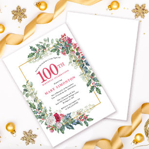 Red White Rose Floral Holly 100th Birthday Invitation
