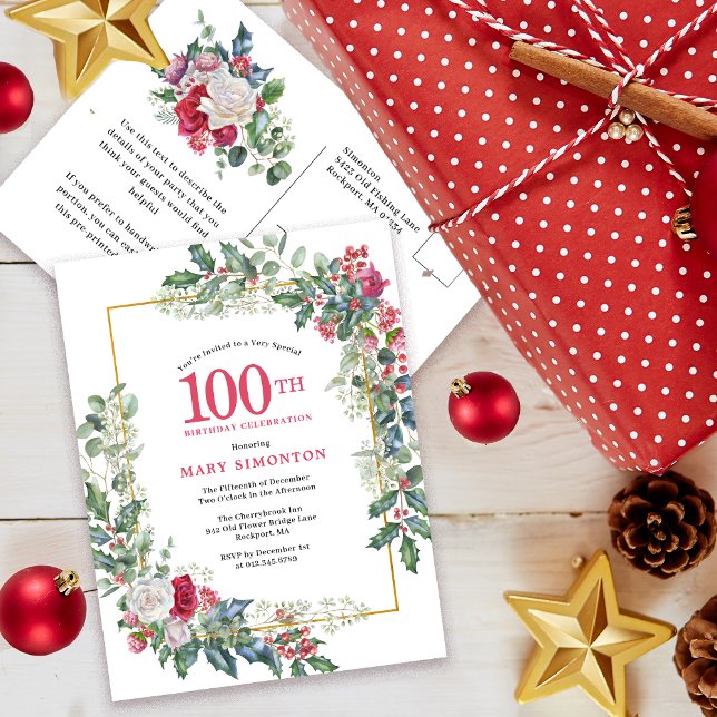 Red White Rose Floral Holly 100th Invitation Postcard (Need a matching Welcome sign? Party supplies. Message me!)