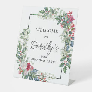 Red White Rose Floral Holly 30th Birthday Party Pedestal Sign
