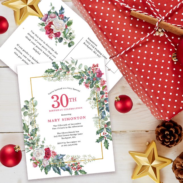 Red White Rose Floral Holly 30th Invitation Postcard (Need a matching Welcome Sign? Party supplies. Message me!)