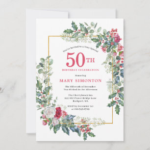 Red White Rose Floral Holly 50th Birthday Party Invitation
