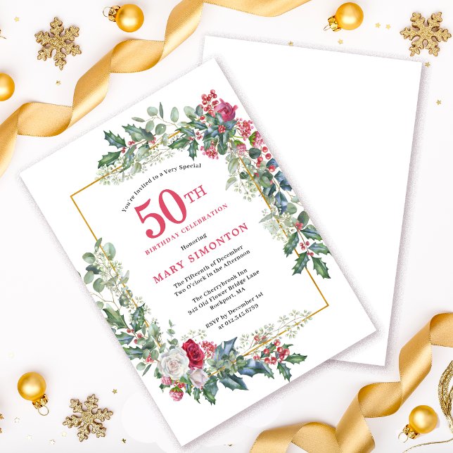 Red White Rose Floral Holly 50th Birthday Party Invitation (Creator Uploaded)
