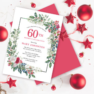 Red White Rose Floral Holly 60th Birthday Party Invitation