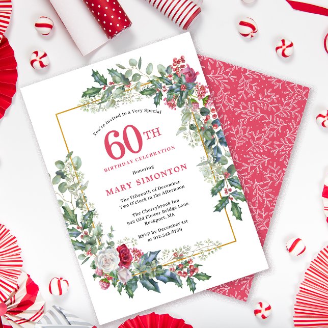 Red White Rose Floral Holly 60th Birthday Party Invitation (Need a matching Welcome Sign. Message me!)