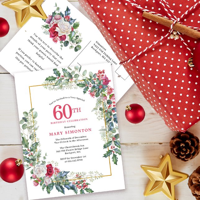 Red White Rose Floral Holly 60th Invitation Postcard (Need a matching Welcome Sign? Party supplies. Message me1)