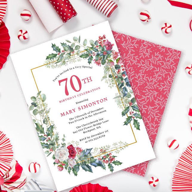 Red White Rose Floral Holly 70th Birthday Party Invitation (Need a matching welcome sign? Message me!)