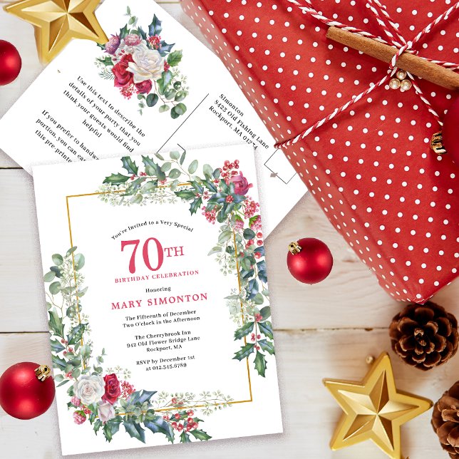 Red White Rose Floral Holly 70th Invitation Postcard (Need a matching Welcome Sign? Party supplies. Message me!)