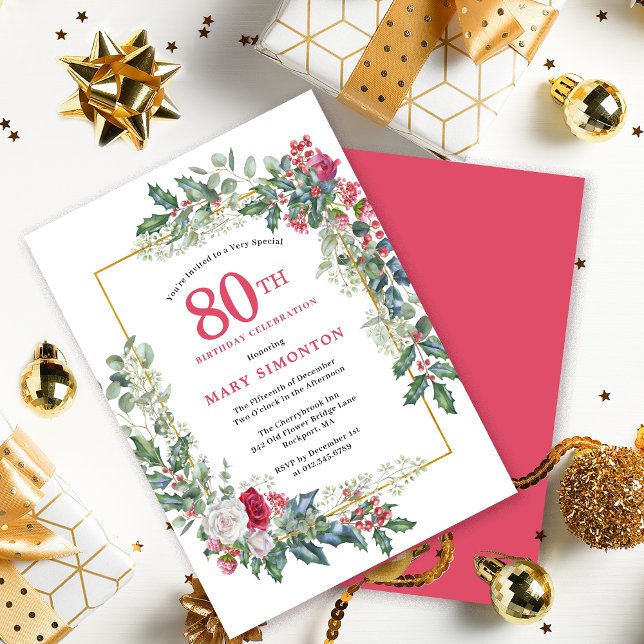 Red White Rose Floral Holly 80th Birthday Party Invitation (Need a matching welcome sign? Party supplies. Message me!)