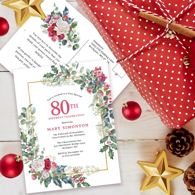 Red White Rose Floral Holly 80th Invitation Postcard (Need a matching Welcome sign? Party supplies. Message me!)