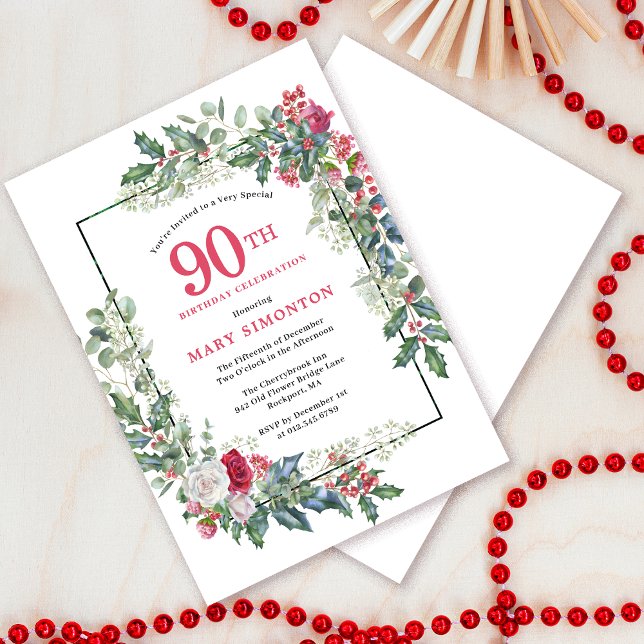 Red White Rose Floral Holly 90th Birthday Party Invitation (Do you need a matching welcome sign? Message me!)