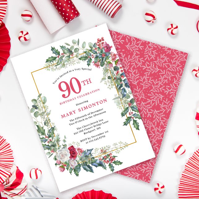 Red White Rose Floral Holly 90th Birthday Party Invitation (Need a matching Welcome Sign? Message me!)