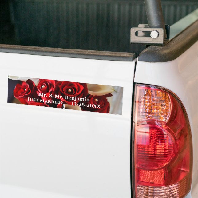  Red White Rose Flowers Wedding Floral Personalise Bumper Sticker (On Truck)