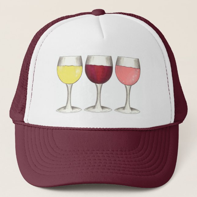 Red White Rosé Glasses Winery Wine Lover Vineyard Trucker Hat (Front)