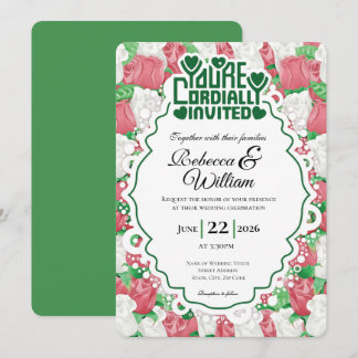 Red & White Rose Wedding Invite - Green Heading 4