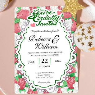 Red & White Rose Wedding Invite - Green Letters 2