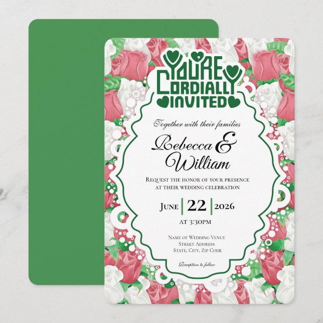 Red & White Rose Wedding Invite - Green Letters 4 (Front/Back)