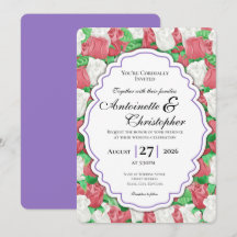 Red & White Rose Wedding Invite - Purple Border