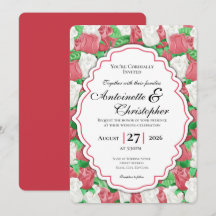 Red & White Rose Wedding Invite with Red Border