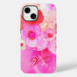 RED WHITE ROSES AND PINK ANEMONE FLOWERS MONOGRAM iPhone 14 CASE