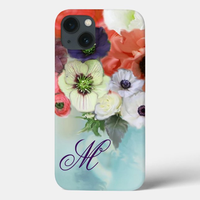 RED WHITE  ROSES, BLUE ANEMONE FLOWERS MONOGRAM Case-Mate iPhone CASE (Back)