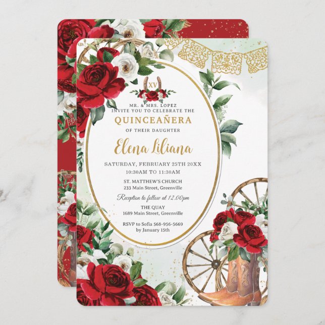 Red White Roses Charro Boots Sweet 16 Quinceañera Invitation (Front/Back)