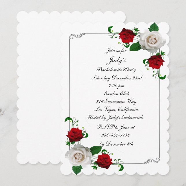 Red & White Roses Christmas Bachelorette Party Invitation (Front/Back)