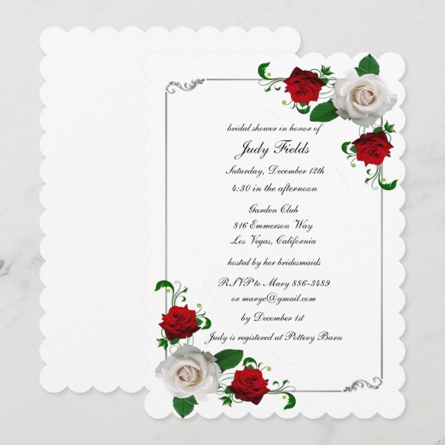 Red & White Roses Christmas Wedding Bridal Shower Invitation (Front/Back)
