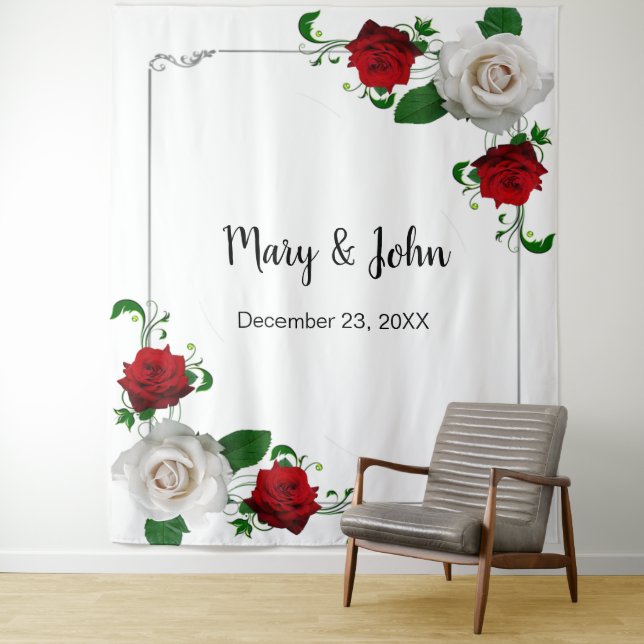Red & White Roses Christmas Wedding Photo Backdrop Tapestry (In Situ)