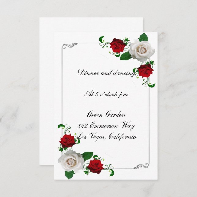 Red & White Roses Christmas Wedding Reception Card (Front/Back)