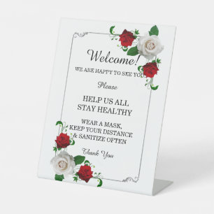 Red & White Roses Christmas Wedding Safety Measure Pedestal Sign